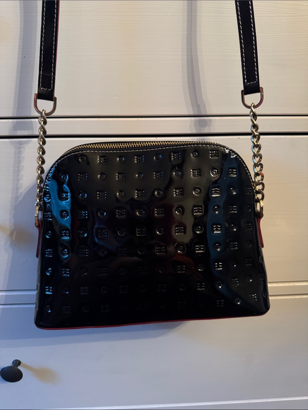 Arcadia Black Patent Leather Crossbody Bag with Chain Strap
